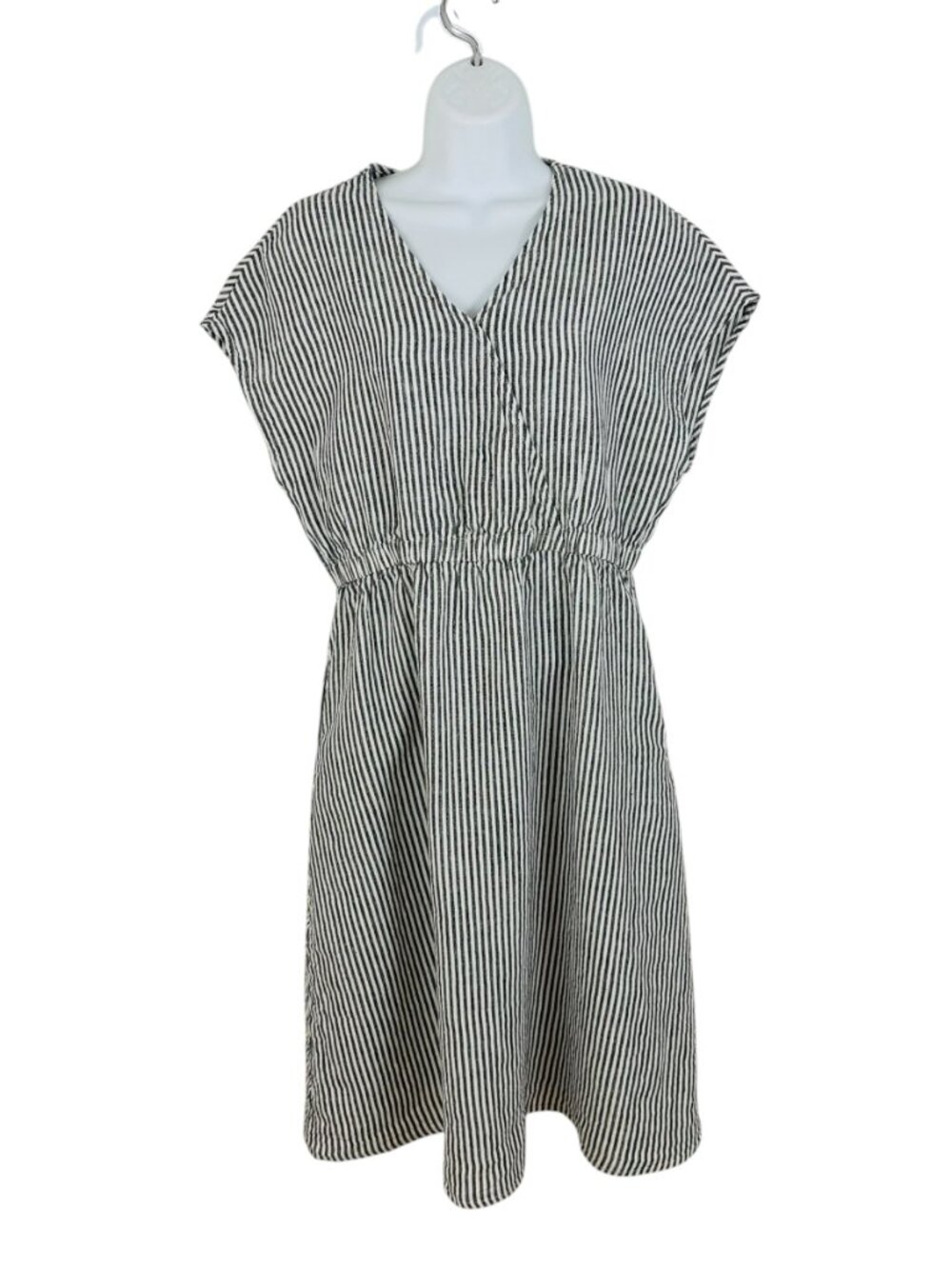 Grae Cove Women's Size L Striped Linen Elastic Waist Black White Midi Dress - Picture 2 of 8